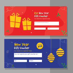 Sticker - New Year Gift Voucher Banner Layout In Red And Blue Color Options.