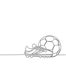 Single One Line Drawing Football Shoes And Soccer Ball. Football Icon. Soccer Ball Boots. Sports Inventory. Competitive And Competition Game Tournament. Continuous Line Draw Design Vector Illustration
