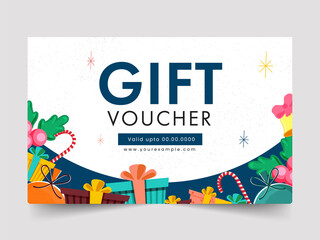 Sticker - Gift Voucher Template Design With Colorful Gift Boxes, Baubles, Candy Cane, Holly Berries, Jingle Bell On Blue And White Background.