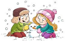Illustration Of Kids Making A Small Snowman In The Snow
