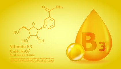 Wall Mural - Realistic B3 Nicotinamide riboside Vitamin drop with structural chemical formula. 3D Vitamin molecule B3 Nicotinamide riboside design. Drop pill capsule.