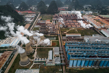 Aerial photography of an alumina plant built on a karst landscape