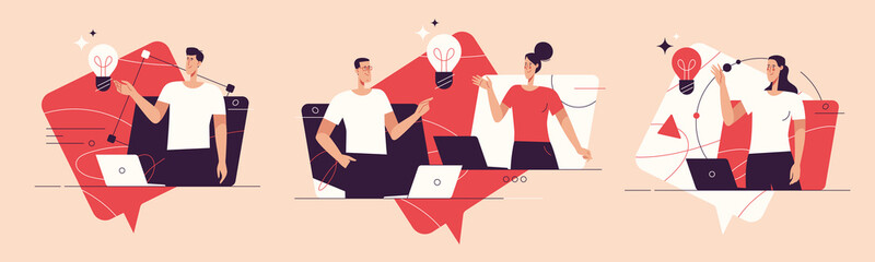 Vector illustrations on the subject of creativity, generating innovative ideas, imagination and inspiration. Editable stroke