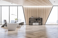 Modern Wooden Designer Office Interior With Reflections, Furniture, Window With Panoramic City View. 3D Rendering.