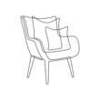Modern furniture armchair with pillows for home interior in trendy scandinavian style outline contour lines. Simple linear silhouette of comfy chair. Doodle draft vector illustration