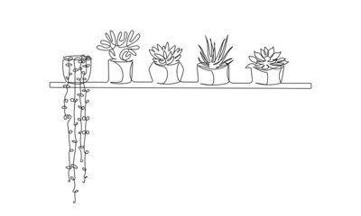 Wall Mural - Set of continuous line drawing of houseplants succulents cactus and aloe vera in pots on wall shelf. Linear silhouette flowers for home interior decorations of hygge style. Vector illustration