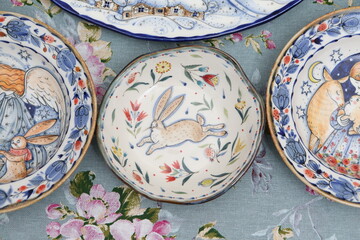 Wall Mural - Gzhel, russian ware. Table setting, traditonal national russian folk handicraft: gzhel. Gzhel plate, ware with gzhel painting by Stirada. Russian craft ware. Art