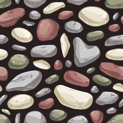 Fototapete - Seamless stone pattern. Endless rock background with repeating cobbles print. Masonry texture with cobblestones and rubbles. Sett wrapping design. Hand-drawn vector illustration for decoration