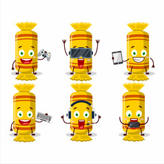 Wall Mural - Yellow long candy package cartoon character are playing games with various cute emoticons