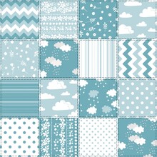 Patchwork Seamless Pattern From Square Patches With Clouds, Flowers And Geometric Ornaments In Blue Colors.