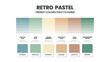 Retro color schemes. Color Trends combinations and palette guide. Example of table color shades in RGB and HEX. Color swatch for fashion, home, interiors design 2022. Colour chart idea vector.