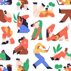 Fototapete - Seamless pattern of young modern people resting and relaxing. Men and women with coffee, plants, phones in relaxation at home. Endless background. Colored flat graphic vector illustration for printing