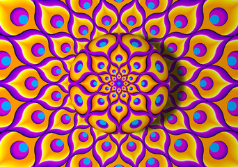 Yellow background from feathers of peacock with growing sphere. Optical expansion illusion.