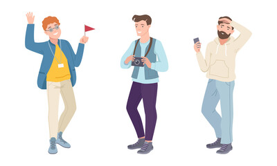 People with camera and smartphone walking at excursion with tour guide and taking photos set vector illustration