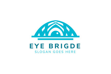 eye bridge logo design template use blue color isolated on black background. combination of bridge and vertical half eye.