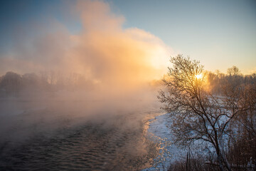 Canvas Print - Foggy sunrise and tree by the Venta river waterfall in winter, Kuldiga, Latvia