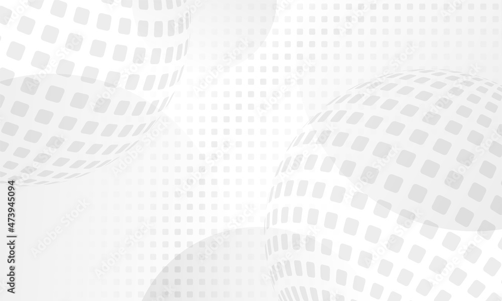 Abstract background with spheres and halftone squares. Grey and white backdrop