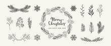 Merry Christmas Vector Hand Drawn Decoration Set. Christmas Wreath Greeting Text Branches Of Fir Trees Plants Berries Snowflake. Vector Illustration Isolated On White Background