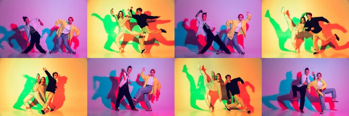 Wall Mural - Group of teens, boys and girls dancing hip-hop in stylish clothes on gradient studio background in neon light.