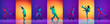 Collage made with images of break dance or hip hop dancer in action, motion isolated over multicolored background in neon.