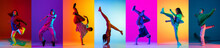 Collage Made With Images Of Break Dance Or Hip Hop Dancer In Action, Motion Isolated Over Multicolored Background In Neon.