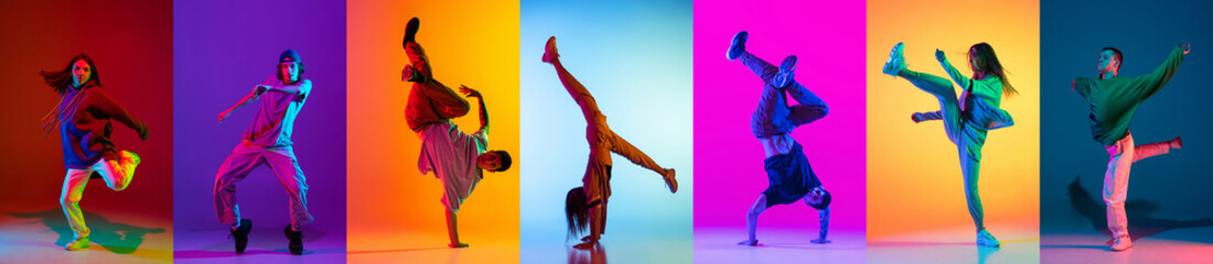 Wall Mural - Collage made with images of break dance or hip hop dancer in action, motion isolated over multicolored background in neon.