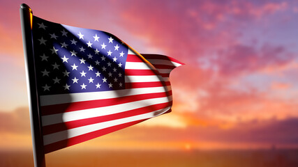 Wall Mural - The flag of America is waving in the wind. The American flag on the background of a blurry sunset sky. National flags. The patriotic symbol of the United States. Official symbols of states. 3d image