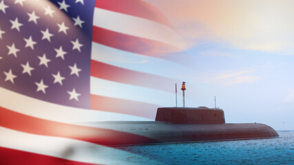 Wall Mural - The US Armed Forces. The American Army. Submarine on the background of the flag of America. Nuclear submarine. American Navy or fleet. Armament of the United States of America.