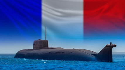 Wall Mural - French submarine. The French Navy. Naval forces of the French Republic. Nuclear submarine on the background of the French flag. Fleet of the countries of the world. Protection of maritime borders.