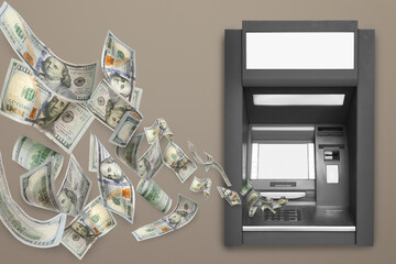 Modern automated cash machine and flying money on grey background