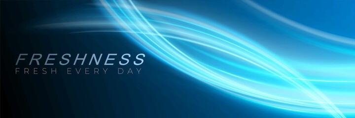 Wall Mural - blue dynamic waves on black background showing a stream of fresh clean air. packaging design with en