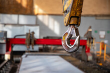Crane Clevis Sling Hook In An Industrial Factory. Horizontal View.