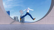 © Westend61 - Three dimensional render of invisible personjumping on rooftop with suitcase in hand