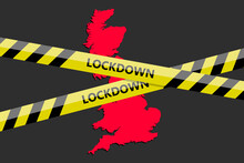 Lockdown Tape Over UK United Kingdom State Silhouette. Coronavirus Threat. Concept Image. Vector Illustration
