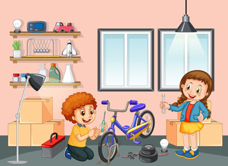 Canvas Print - Children fixing a bicycle together in the room scene