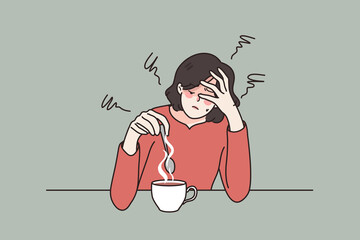 Exhausted young woman sit at table drink coffee feel fatigue or drowsiness. Tired female suffer from overwork lack energy need caffeine. Overwhelmed with work. Flat vector illustration. 