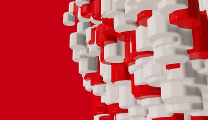 Red and white flying glossy cubes 3d render background. Ai data protection concept for tech company, business, web development.