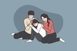 © drawlab19 - Caring young family hug support upset small teen daughter feeling upset depressed of school bullying. Supportive loving parents cuddle comfort unhappy stressed teenager child. Vector illustration.