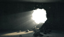 Dark Room With Big Hole In Concrete Wall With Sunlight Rays