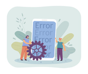 Wall Mural - female programmers fixing application error on huge smartphone. software problem flat vector illustr