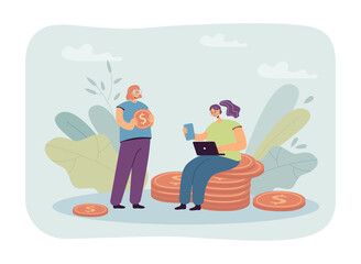 Wall Mural - Female characters with gold coins earning money online. Girl with laptop and phone sitting on stack of coins flat vector illustration. Finances, technology, success concept for banner, website design