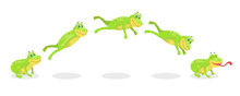 Animated Jump Sequence Movement Of Frog Set. Vector Illustrations Of Small Wild Toad With Tongue. Cartoon Leap Of Green Frog, Funny Animal Jumping And Sitting Isolated On White. Movie, Motion Concept