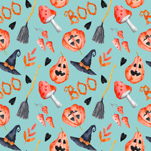 Halloween Seamless Pattern On Light Blue Background. Watercolor Jack O'lantern, Toadstools, Hearts And Leaves Cute Autumn Repeat Print. Fall 31 October Background.