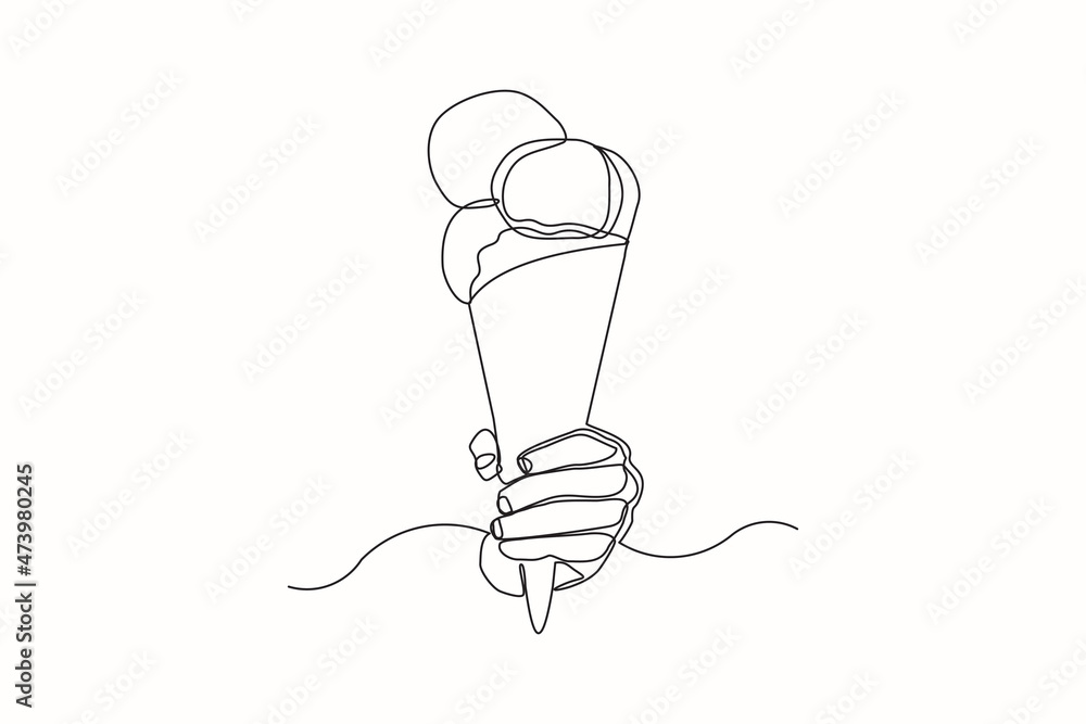 Continuous line drawing hand holding delicious fresh of ice cream cone ...