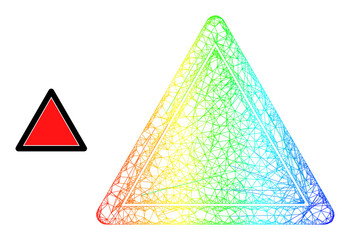 Net mesh danger triangle template carcass icon with spectrum gradient. Colored carcass net danger triangle template icon. Flat mesh created from danger triangle template icon and crossed lines.