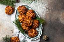 Homemade Christmas Sweet Swirling Cinnamon Buns On A Serving Platter