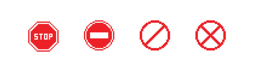 Red STOP sign pixel icon. 8 bit do not enter buttor. Road sign. Vector flat