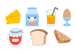 Set of cartoon breakfast food icons isolated on white background