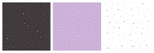 Lilac, White And Black Heart Seamless Pattern Set. Non Directional Design With Cute Romantic Symbols For Baby Girl Clothing Or Fabric.