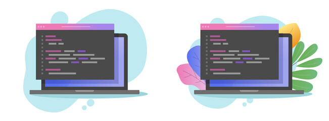 Programming php code vector on computer screen or coding html or java script on laptop pc flat cartoon illustration